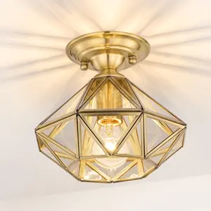 Meluaim Gold Semi Flush Mount Ceiling Light Modern Brass Glass Ceiling Light Fixtures, Hallway Light Fixture for Bathroom, Entryway, Living Room, Bedroom, Kitchen