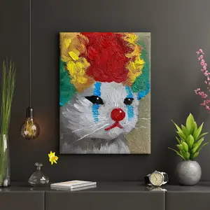 1 framed clown cat wall painting - Fun animal, modern fantasy cat decoration, high-definition canvas decorative painting 11.8* 15.7inch (30* 40cm ) with wooden frame -- Modern home decoration, can be hung directly in the living room or bedroom