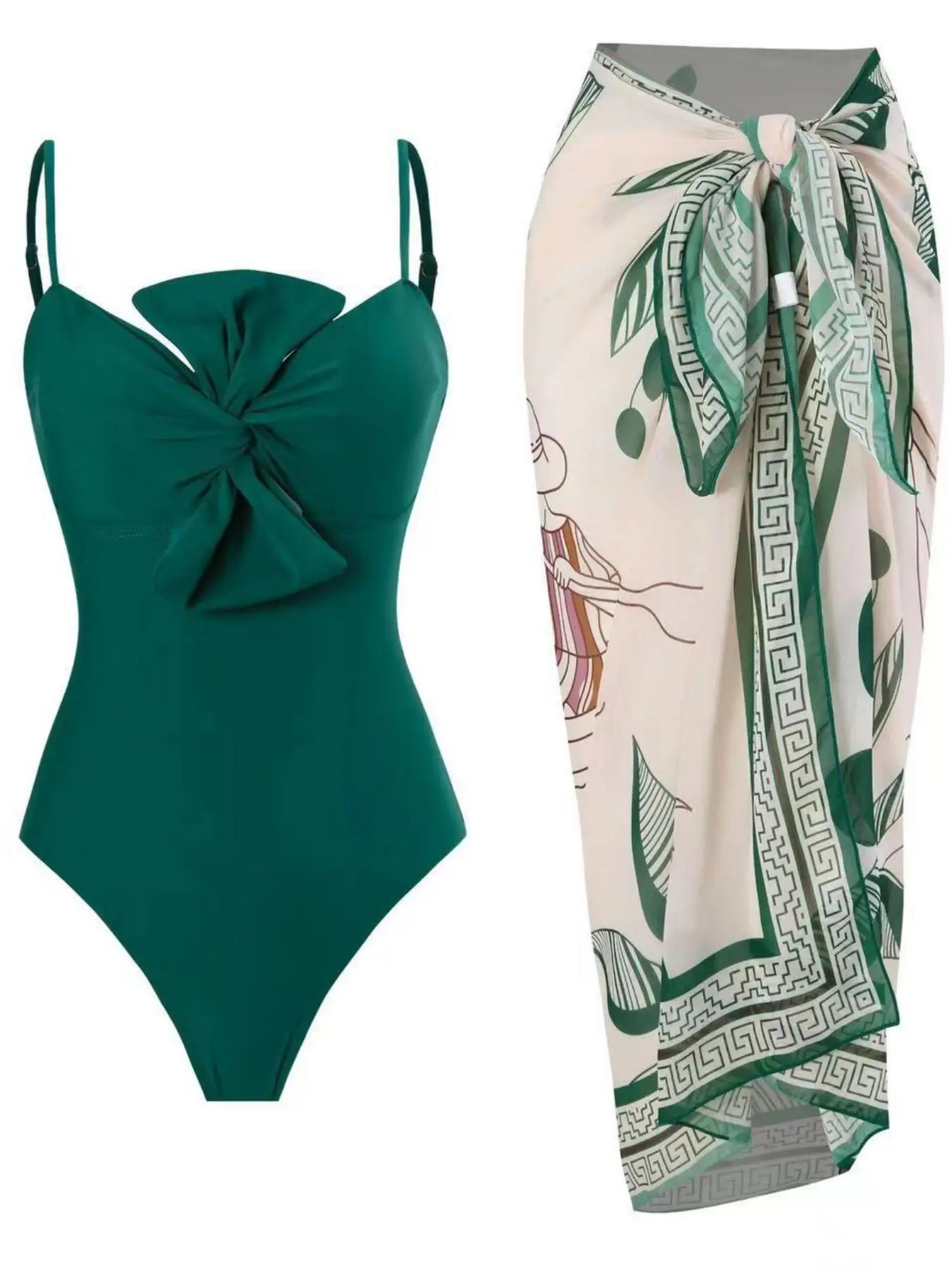 2 Counts Women's Plain Backless Twist Front Cami Bodysuit & Knot Front Cover Up Skirt Swimwear Set, Adjustable Strap One-piece Swimsuit & High Waist C