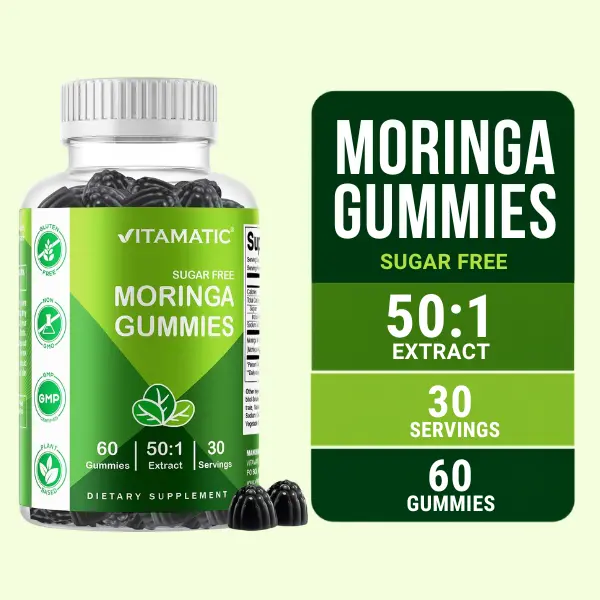 Vitamatic Sugar-Free Moringa Gummies - 60 Pectin-Based Chewables, Dietary Supplement, Essential Minerals, Gluten-Free, Vegan, Natural Energy Support, Clean Fitness Support