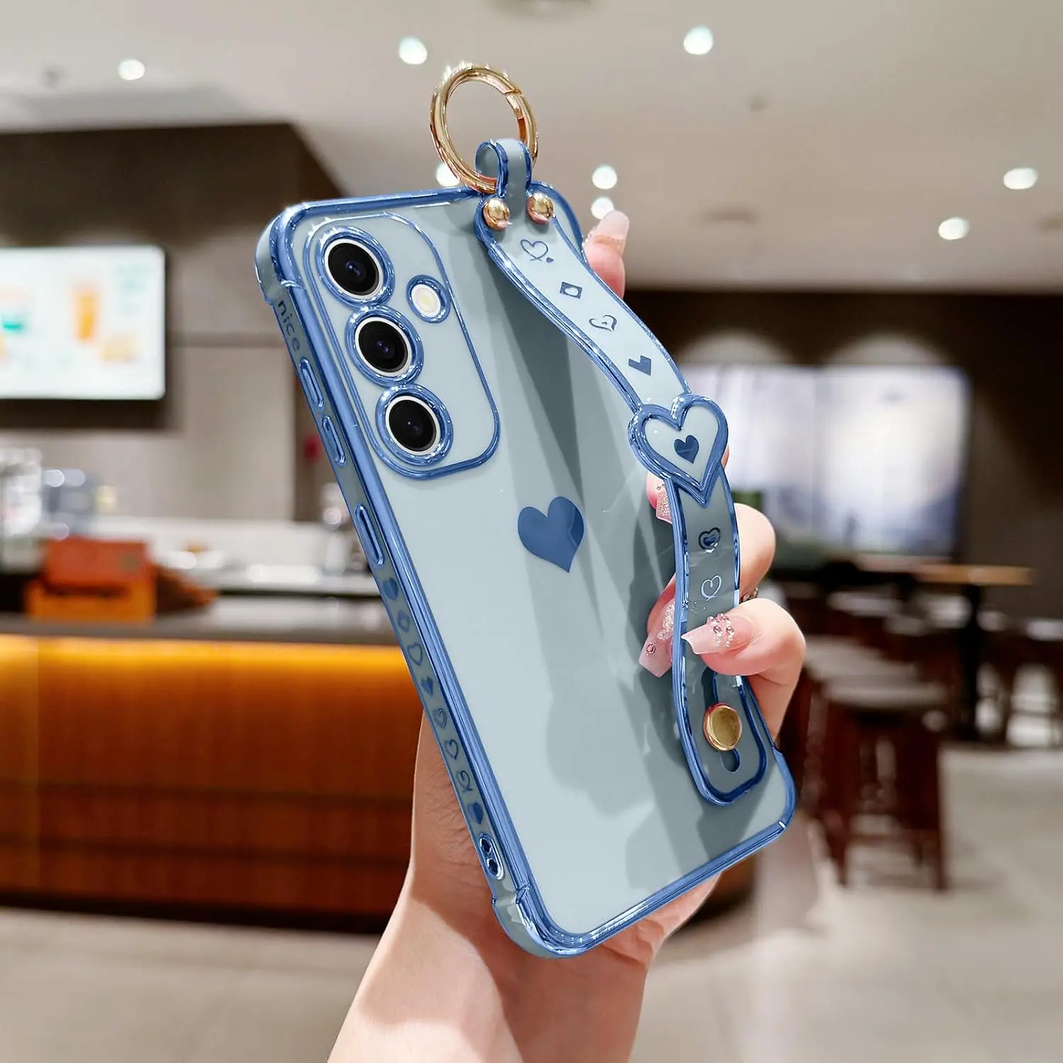 Bling Silicone Smartphone Case for Samsung Galaxy A17 5G (6.7in) - Cute Golden Love-Heart Plating Strap, Camera Protection Bumper, Shockproof, for Women, Cellphone Handheld Accessories (Blue)