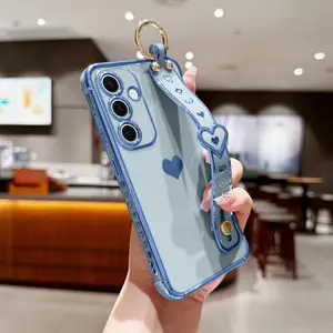 Samsung Galaxy A17 5G Case Cute Love-Heart Plating Strap Phone Cover for Women Girls Bling Silicone Camera Protection Bumper Shockproof Phone Case for Galaxy A17 5G (6.7") - Blue