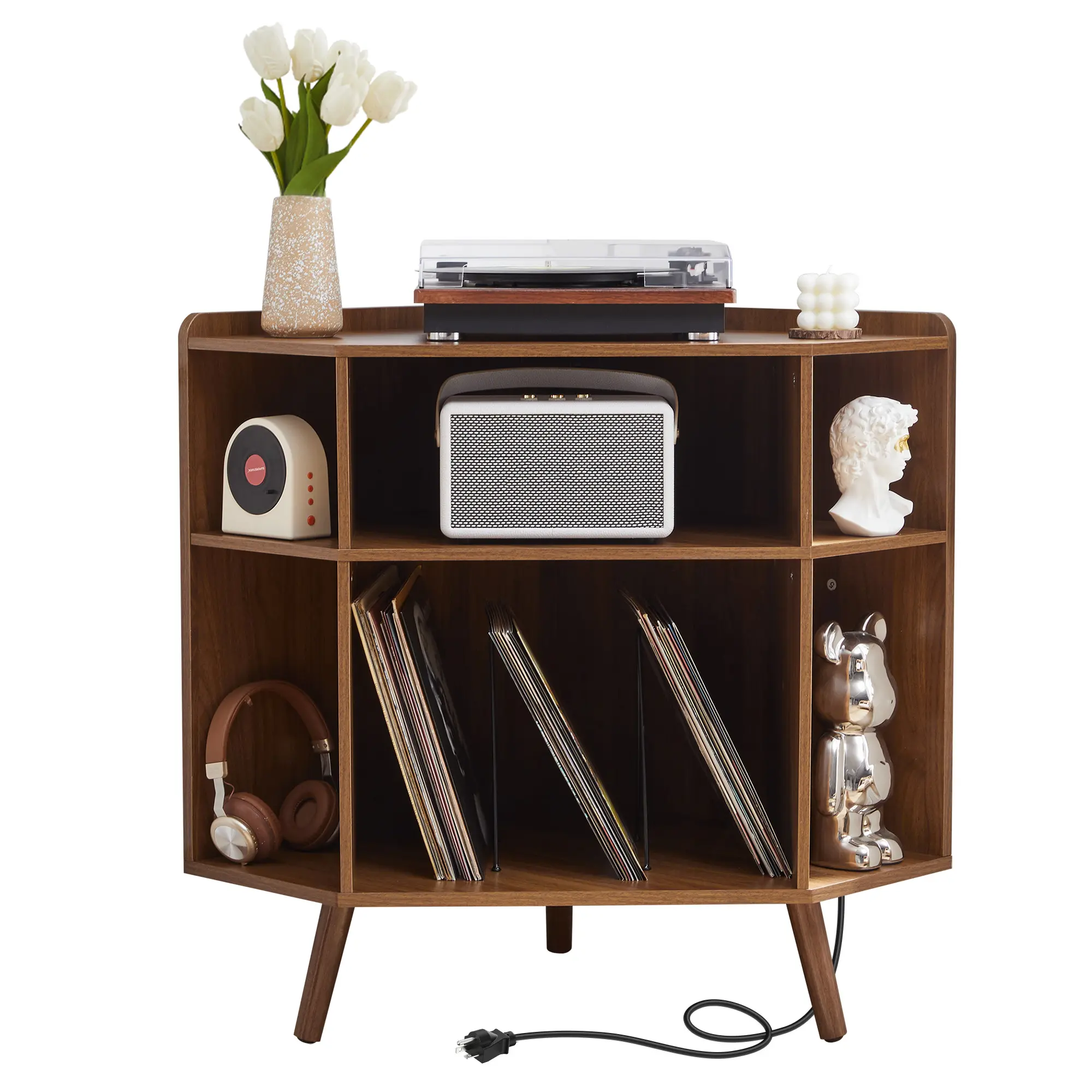 Giratree corner record player stand with charging station, three-tier mid-century vinyl record storage cabinet with USB ports for living rooms and small spaces
