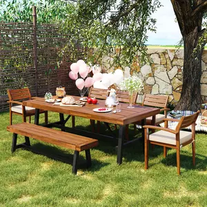 Aobtkel®GO Outdoor Wood Dining Set For 7-8 Person, Outdoor Dining Furniture With Removable Cushions, Ergonomic Chairs And Bench, Thicker Table, Nature#Summervibes