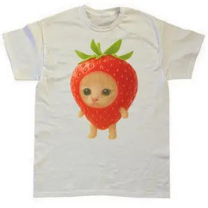 Vintage Y2K “Strawberry Cat Tee, Cute Kawaii Fruit Kitten Graphic Shirt” Graphic Tshirt, Cute Cat Shirt, Love Cat Tshirt, Meme Cringe Funny Dumb Shirts, Unisex Shirt Menswear Womenswear Streetwear