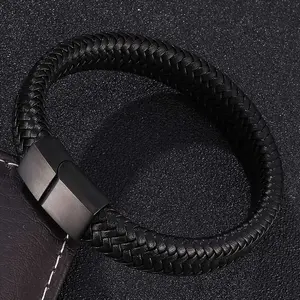 Black Bracelet Men's Braided Leather Bangle Stainless Steel Cuff Wristband Gift