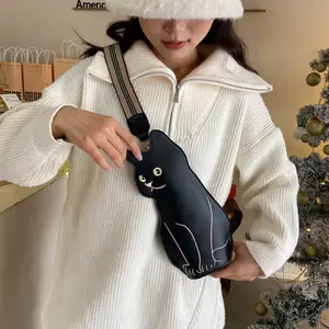 Cute black cat crossbody bag, lightweight and waterproof for outdoor sports, small shoulder bag for hiking and camping