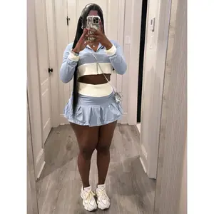 two-piece set woman Color Block Patchwork Skirts 2 Piece Set Sexy Zipper Jackets Hoodie Coat Pleated Mini Skirts Slim Night Club Party Outfits Suits
