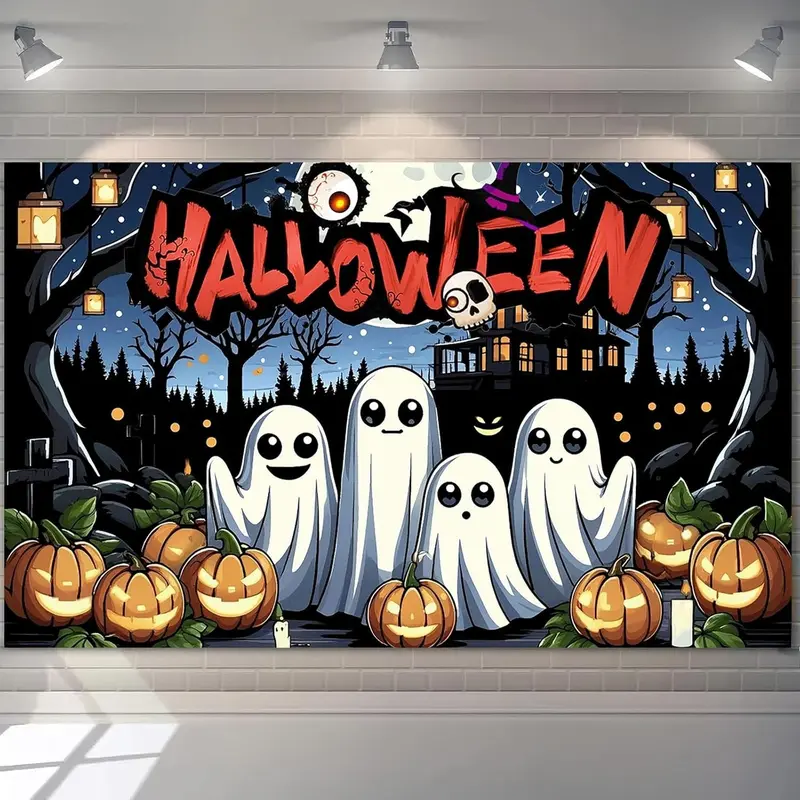 Tapestry Halloween Ghost Banner Backdrop Cute Cartoon Ghosts and Pumpkins Tapestry with Haunted House, Trees and Candles for Kids Trick or Treat Party Wall Decoration Ornaments Mixed Color
