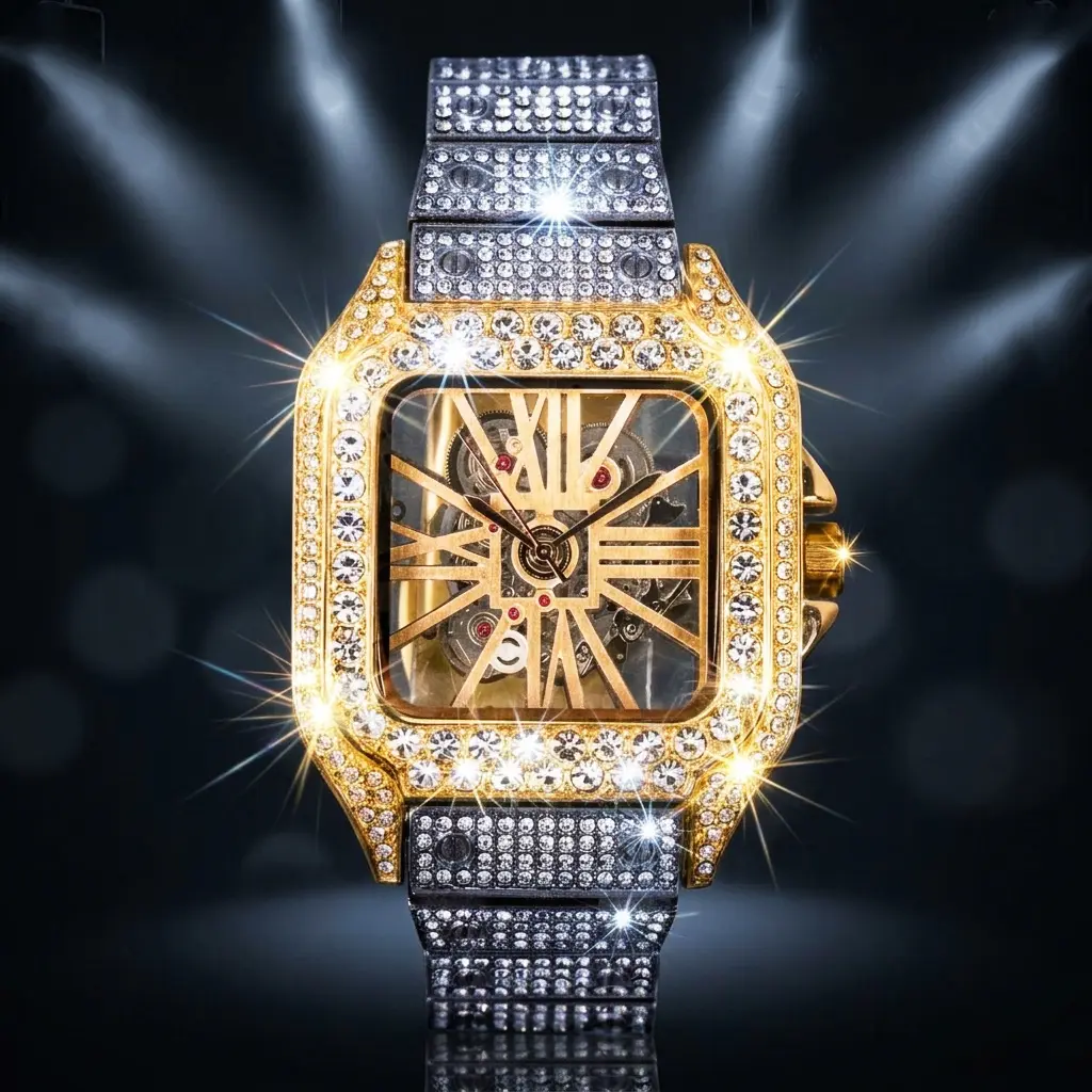 MaxBling81 Men's Luxury Iced Out Quartz Alloy Watch, 40mm Square Case, Rectangle Skeleton Dial, 2-Tone Adjustable Link Metal Band with Clasp, Waterproof Analog Fashion Watch, Adjustable Strap