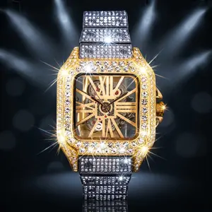 MaxBling81 Luxury Bling Men's Fashion Watch, Men's Accessories, 40x40mm Square Skeleton Dial, 2-Tone Gold-Silver Alloy Metal Iced Band with Simulated Diamonds, Waterproof, Removable Links