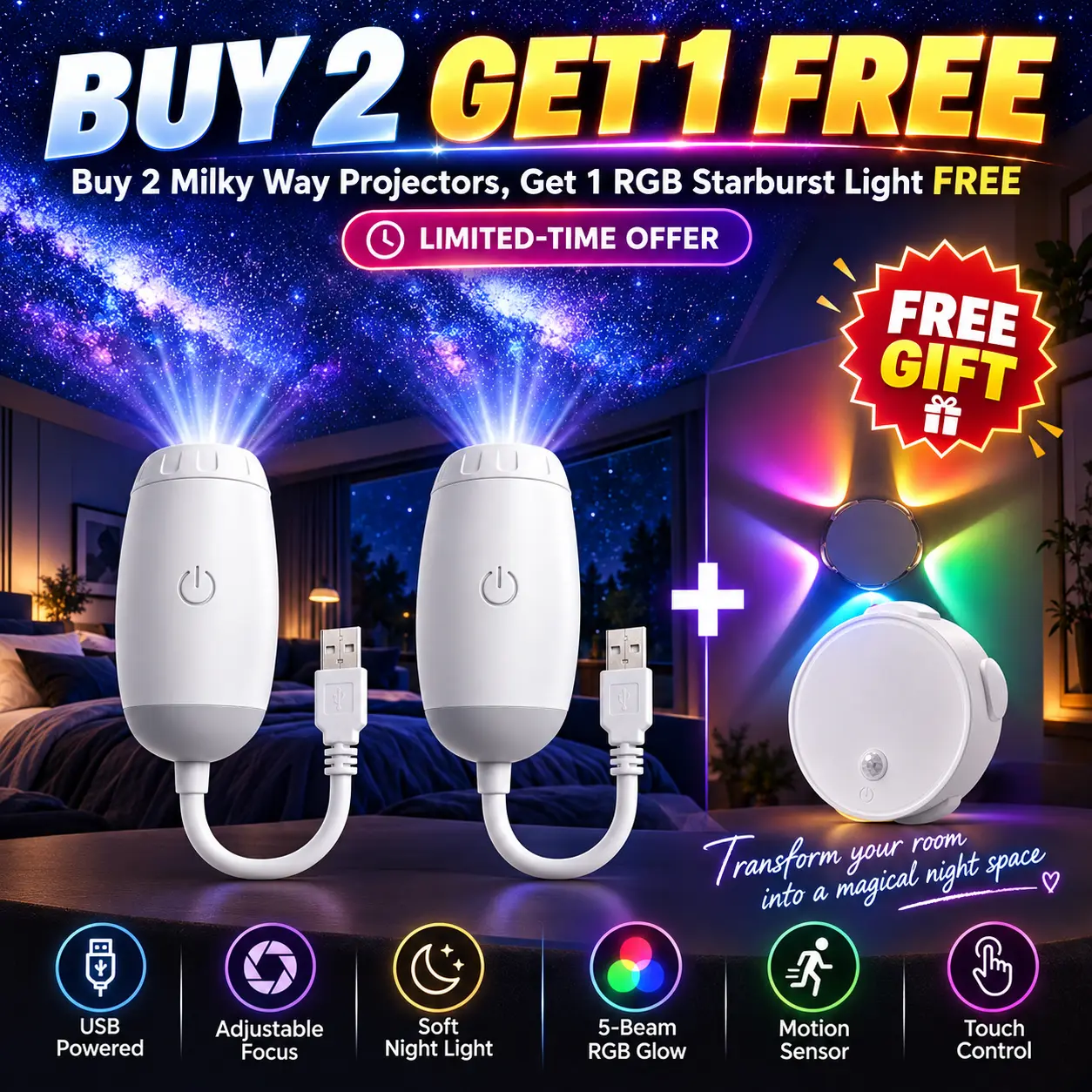 Halloween Gifts Galaxy Projector 2-in-1 Starry Sky Projector & Night Light USB Galaxy Projector Night Light for Bedroom Hallway Ceiling Decor (1 Light+12 Pcs)