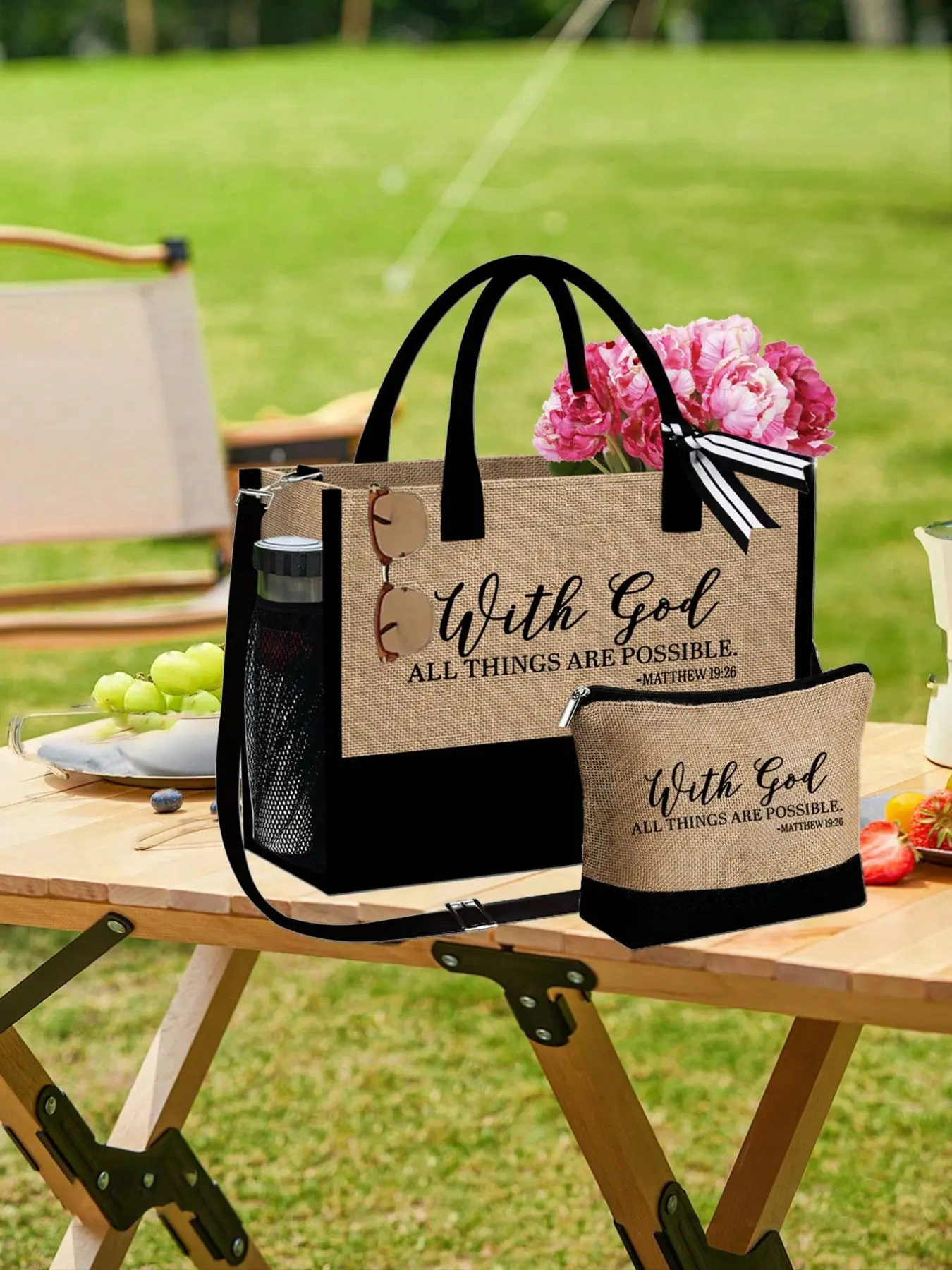 Anything Is Possible Print Handbag Set (2 Pieces), Lightweight Shopping Bags, Portable Travel Beach Bag, Reusable Grocery Bag, Makeup Bag