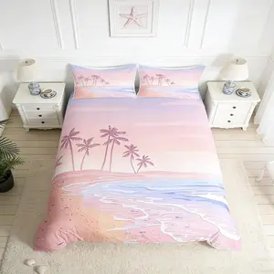 Pink Beach Duvet Cover Set,Kids Girls Romantic Hawaii Ocean Style Bedding Set,Teens Lover Room Decor,Palm Tree Comforter Cover Girly Summer Quilt Cover,(No Comforter)