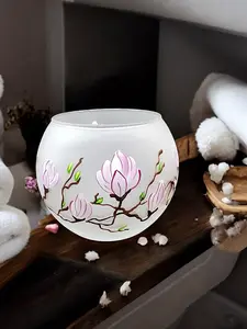 Large Frosted Glass Candle Holder, Hand Crafted in Ukraine, Magnolia Flower Design, Wonderful Year Round