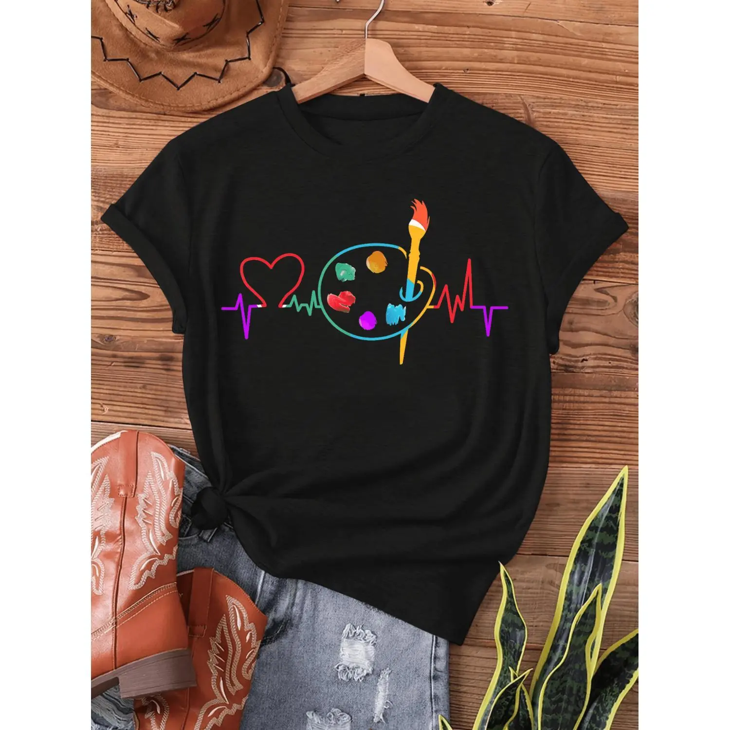 Drawing a Brush with a Heartbeat Cotton T-shirt Fun Palette for Artists Gift for Painters Short Sleeve Crew Neck Casual Top for Summer and Spring Womens Clothing