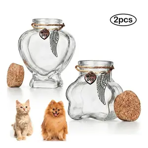 2pcs Pet Memorial Gift for Loss of Dog or Cat, Heart Shape Glass Jar & Bottle for Fur, Hair, Whiskers or Ashes Keepsake Urn with Cork Top, Charms for Cute Rainbow Bridge Memoripcs