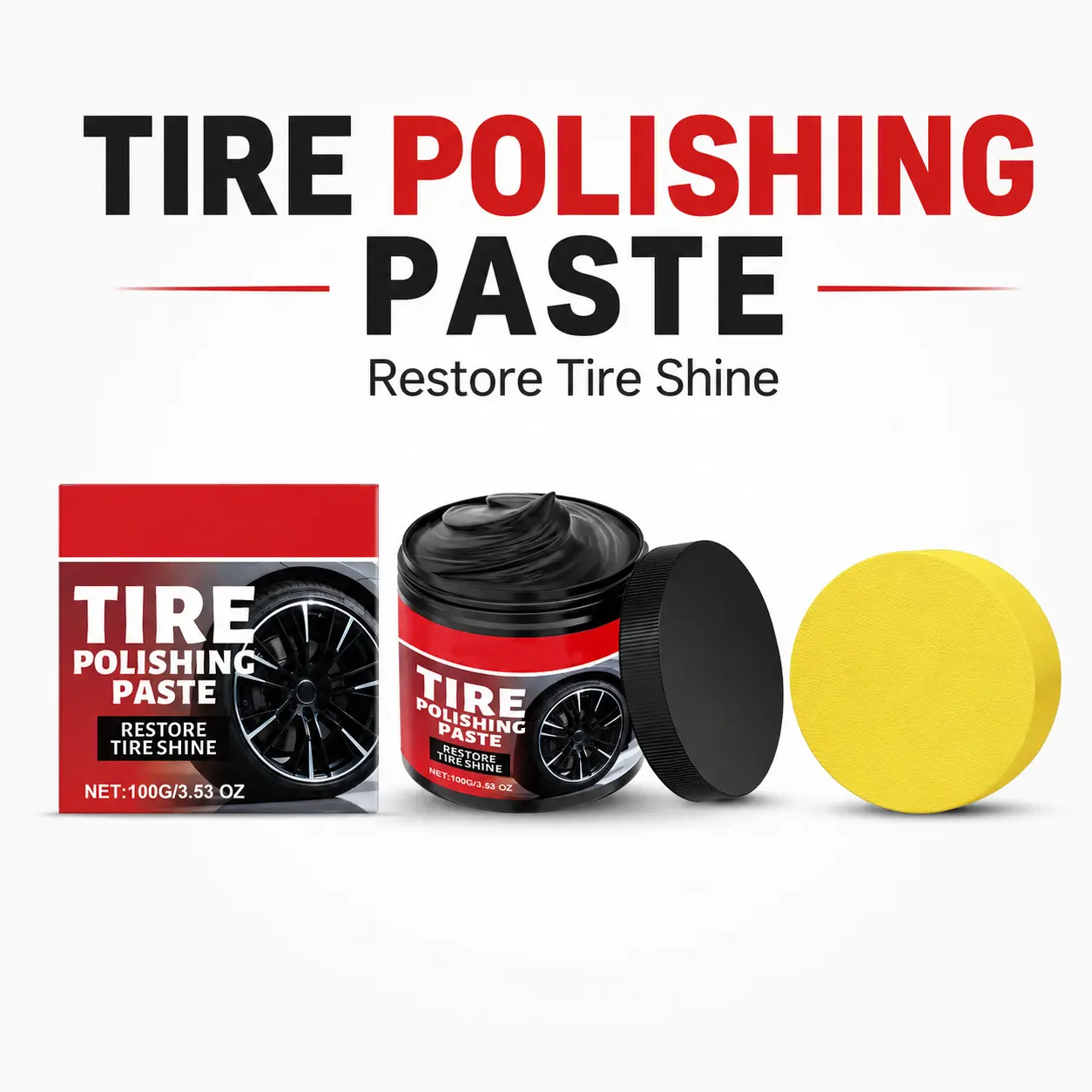 Tire Polishing Paste, 100g Tire Shine Restorer Cream with Sponge, Quick-Dry Non-Greasy Tire Dressing Paste for Car Tire Care, Black Tire Finish & Exterior Auto Detailing