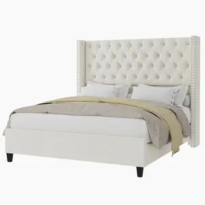 [MothersDayGift]AMERLIFE Bed Frame Velvet Upholstered Platform Bed with 51.6" Tall Wingback Headboard Deep Button Tufted, No Box Spring Needed/Christmas Gift