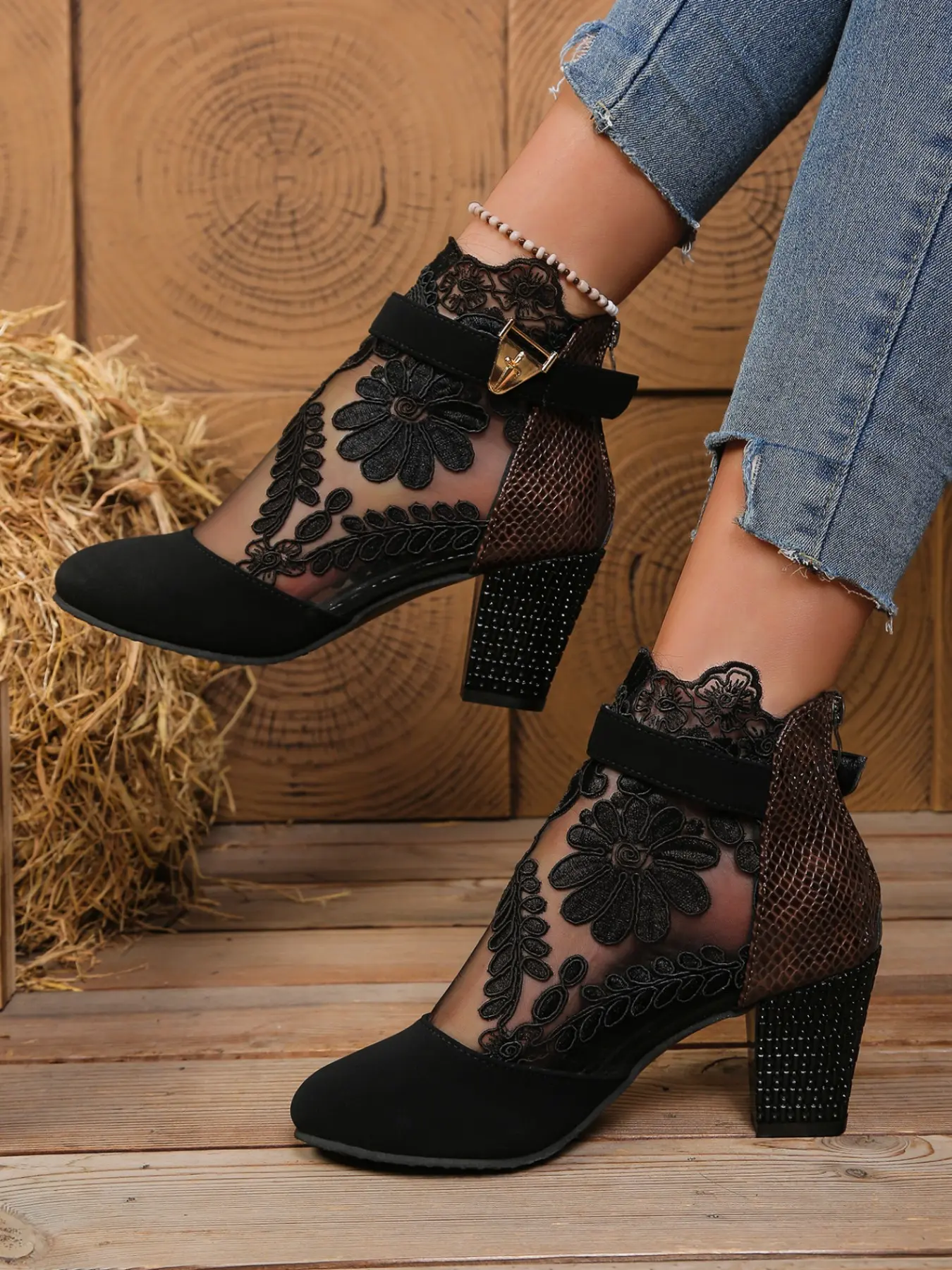 New Lace Embroidery Mesh Hollow Out Sandals for Women, Snake Pattern Rhinestone Chunky Heel Breathable Short Boots, Casual All-Season Footwear