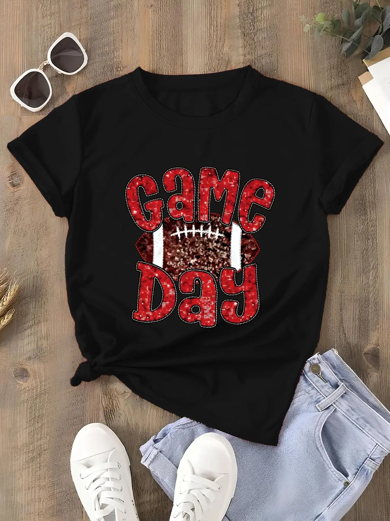 Women's Letter & Football Print Round Neck Graphic Tee, Vintage Trendy Casual Short Sleeve T-shirt for Daily Wear, Ladies All Seasons Outfit