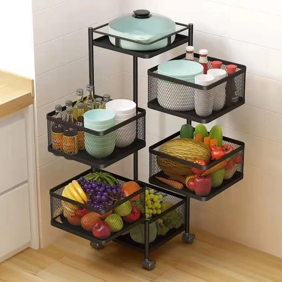 5-Tier Rotating Rolling Storage Cart, Multi-Purpose Metal Organizer Cart with Wheels for Kitchen Vegetable Fruit, Bathroom Toiletries, Bedroom Toys & Snacks multifunctional fashionable box