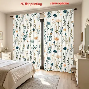 2 Piece Set Small Fresh Plant Floral Digital Print Curtains, Half Light Blocking Polyester Home Textile Drapes for Bedroom Living Room Office Home Decor Window Curtain, Home Decoration Curtain