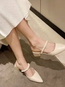 Pearl Strap Pointed Toe Mule Women's Formal Sandals | Comfy Block Heel Rubber Slides, Versatile for Work & Daily Wear