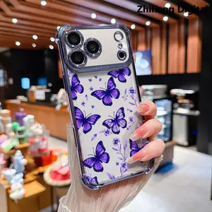 Purple Butterfly Wildflower Pattern Premium Electroplated Four-corner Anti-fall Mobile Phone Case Suitable for iPhone 17 Pro Max 17Air 16 Plus 15 14 13 12 11 Mobile Phone Protective Cover Anti-fall Protection Shell Printed Pattern Soft Protective Case