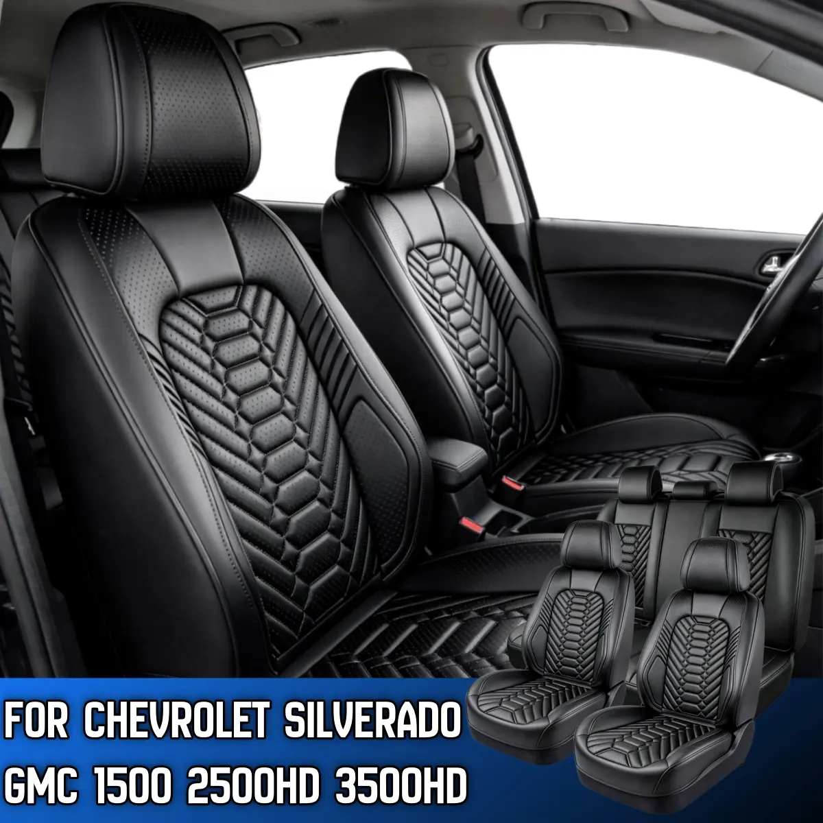 For Chevrolet Silverado GMC 1500 2500HD 3500HD Pickup Truck Car Seat Covers Full Set, Quilted Rhombus Full Surround Premium Napa Leather Seat Protector Breathable Non‑Slip Waterproof Anti‑Scratch, Front Seat Back with Zipper & Storage Pockets Designed