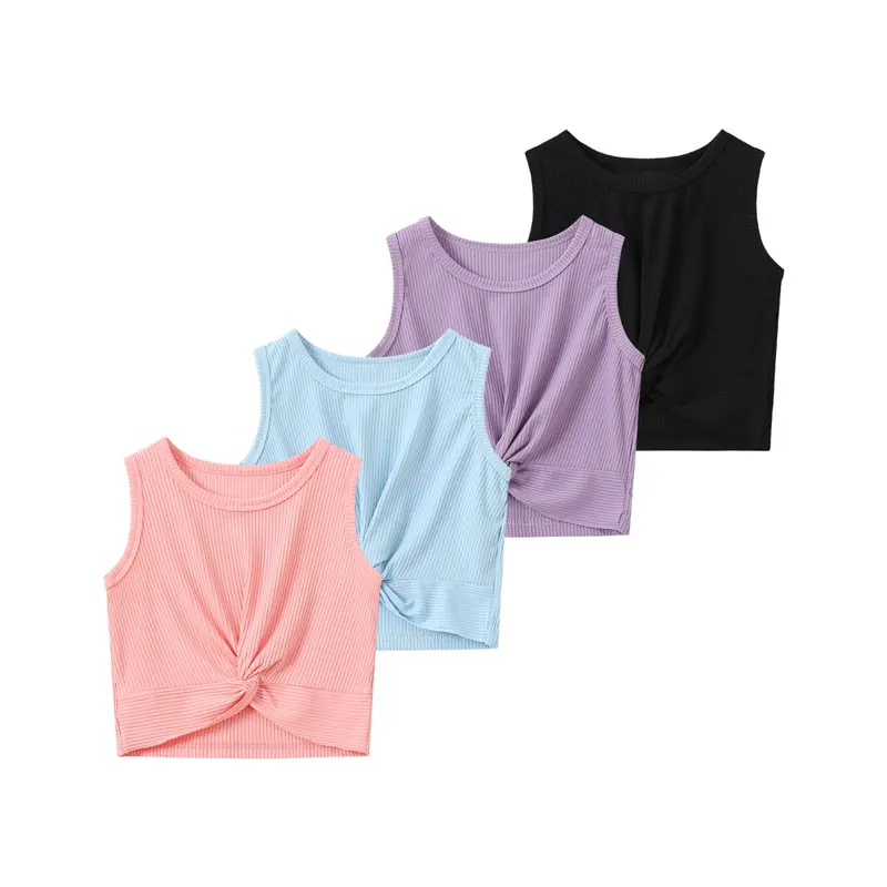 4-piece set of girls' twisted design vests, summer stretch sleeveless tops, short ribbed camisole, fitted sleeveless short tops Casual Under Clothing