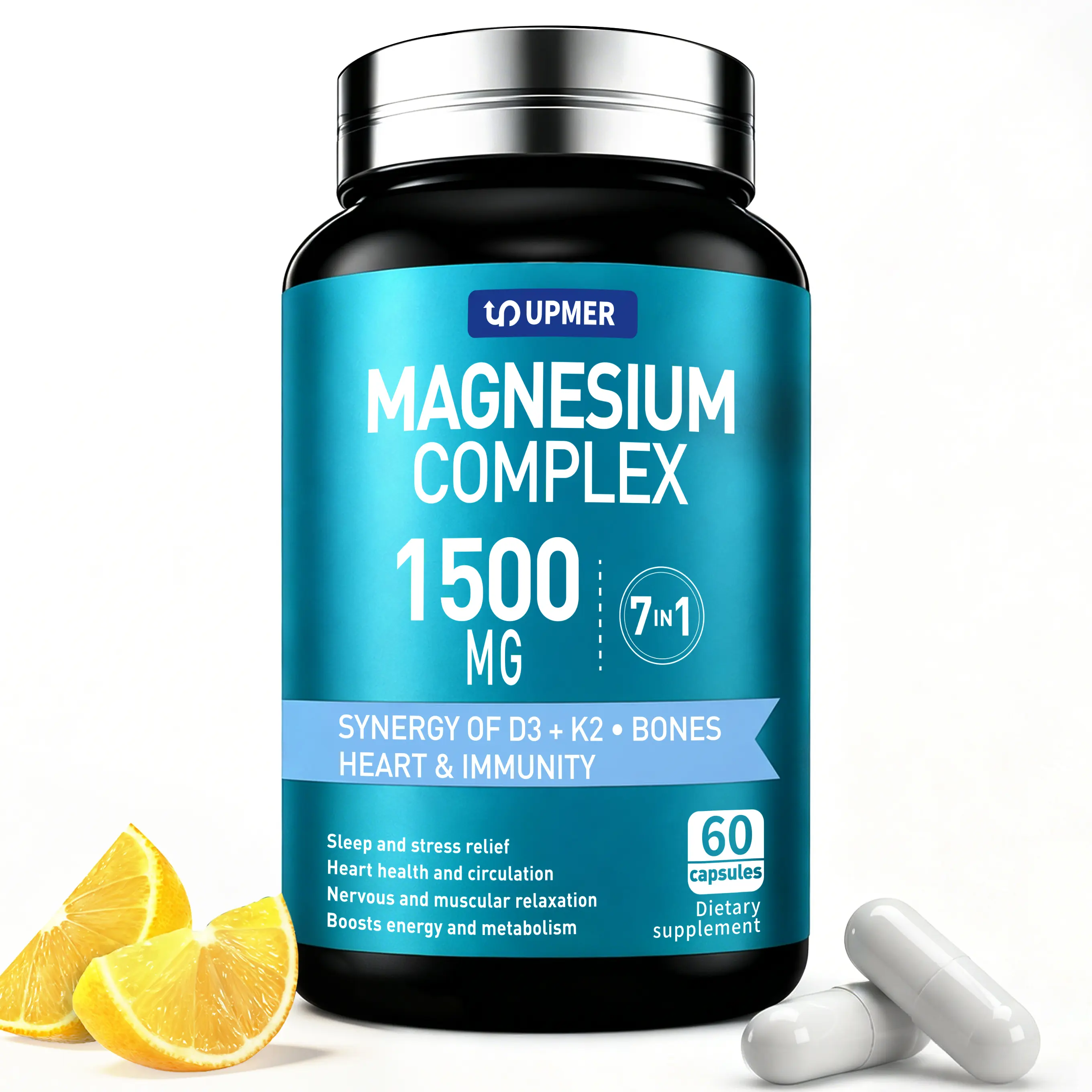 UPMER 7-in-1 Magnesium Complex 1500mg with Vitamin D3 & K2 | 60 Capsules for Sleep, Muscle & Bone Support