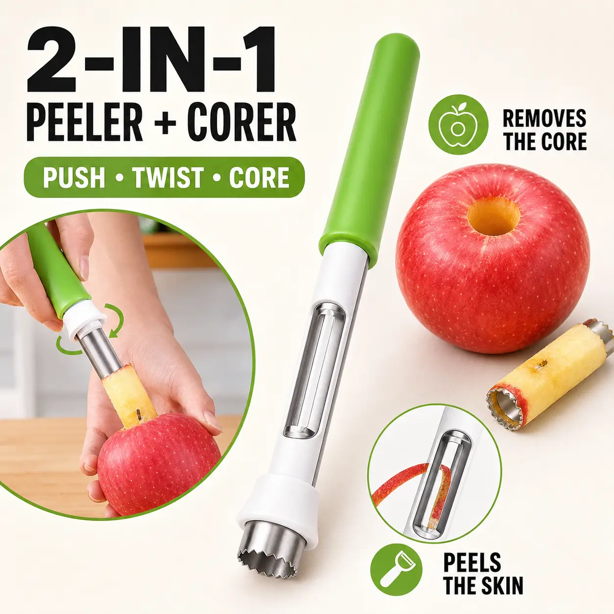 2-in-1 Apple Peeler Corer, Stainless Steel Fruit Peeler with Telescopic Handle, Apple Core Remover Kitchen Tool for Apples, Pears and Potatoes