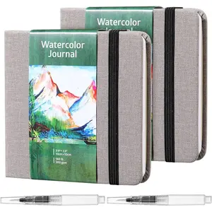2 Set Watercolor Sketchbook Journal 300 GSM Cotton Paper Mini Pocket Sketchbook with Brush Pens for Watercolor Painting, Traveler Journal & Portable Painter Art Supplies (3.9 x 3.9 Inch)