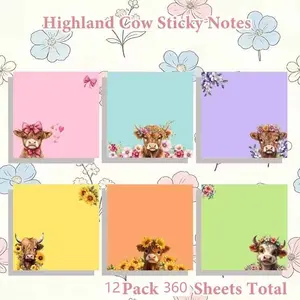 12 Sheets Highland Cow Sticky Notes Set, Scottish Cow Pattern, Floral Design, Adhesive Square Notes, Ideal for Office, School, Home