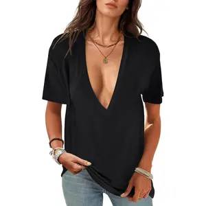 Womens Deep V-Neck T Shirts Short Sleeve Tops Summer Oversized Tee Army Green Basic Casual Fitted Minimalist Tshirt Womenswear Shortsleeve