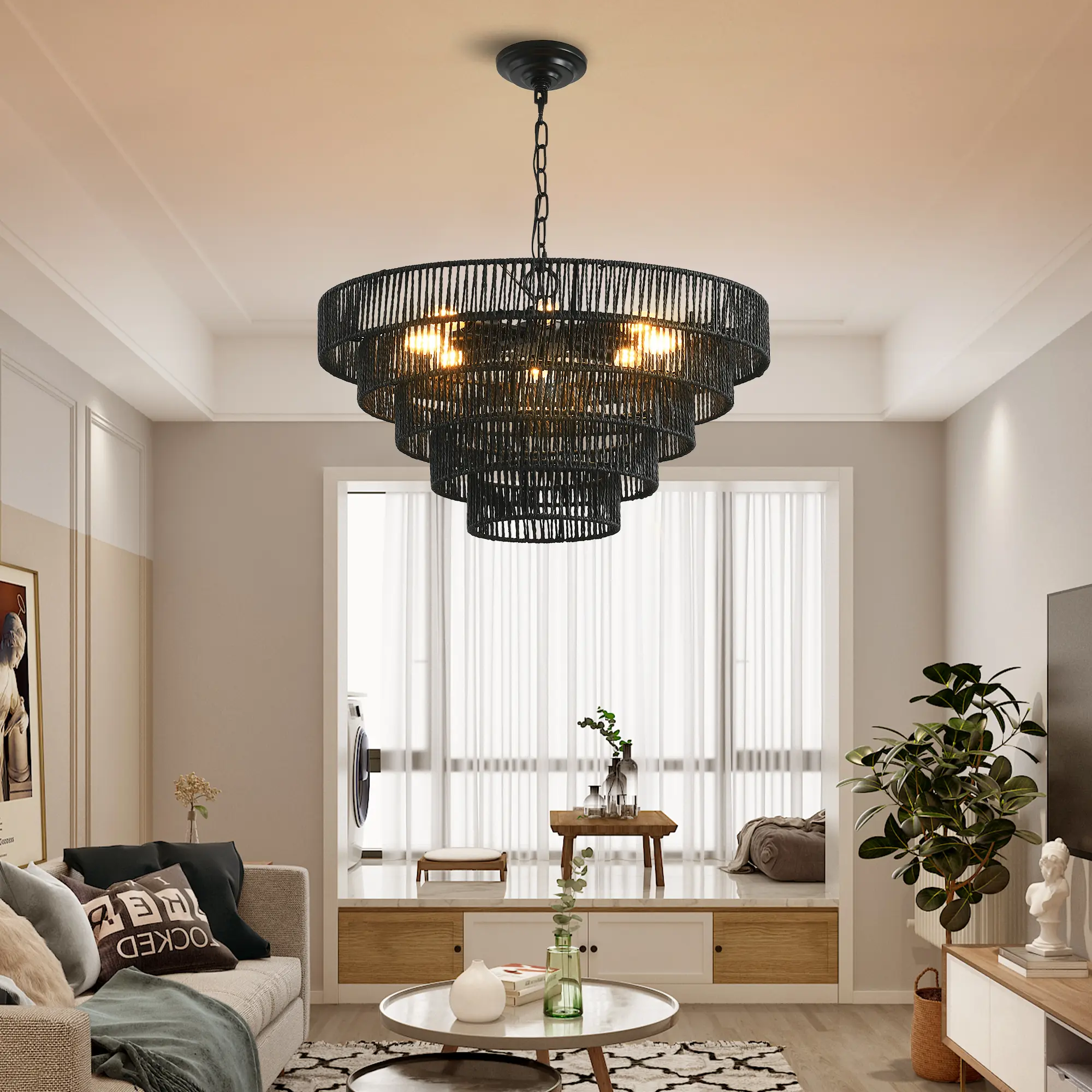 24-Inch Rustic 5-Tier Black Hemp Rope Pendant Light Chandelier with 8 E12 Sockets, Boho Farmhouse Ceiling Fixture for Dining Room, Kitchen, or Entryway, Bulb Not Included, Home Furniture and Household Product Search Terms for US Online Shopping