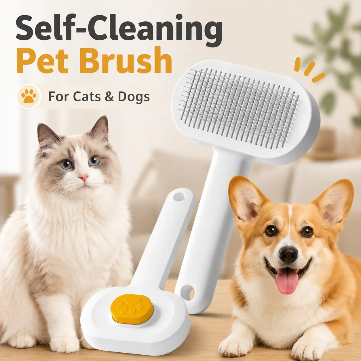 Self-Cleaning Pet Grooming Brush - Steel Plastic, 1-Click Clean Button Easy-Release Hair Tool, Gentle Pin Comb, Universal Fit for Cats & Dogs, Indoor Home Deshedding Supply