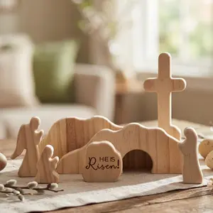 He is Risen Wooden Easter Resurrection Scene, Handcrafted Wood Empty Tomb Set with Rolling Stone and, Christian Religious