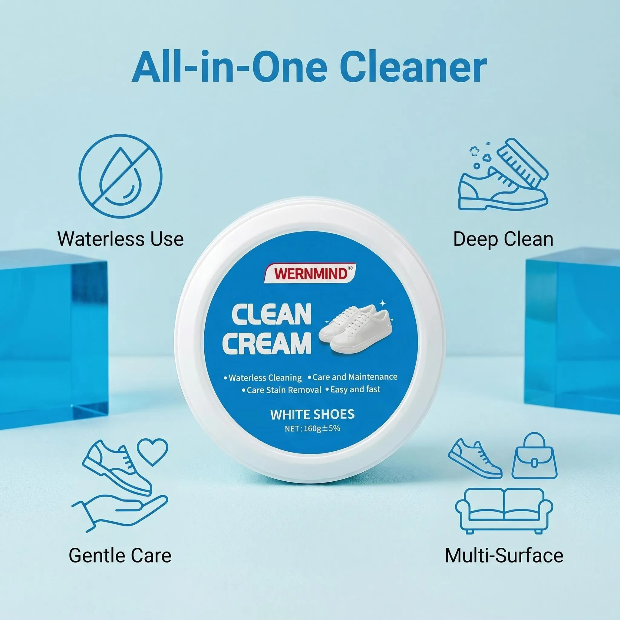 WERNMIND No-Wash White Footwear Cleaner Cream with Sponge - 1-Count, 160g Gentle Stain Remover for Leather Shoes, Sneakers