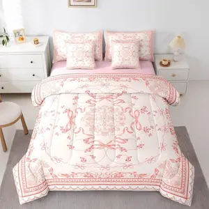 Coquette Bows 7 Pcs Comforter Set,Girls Aesthetic Bow Tie Bedding Set,| Vintage Cottage Core Sheet Set with Comforter Red Bohemian Bowknot Floral Tribal Quilt Farmhouse Room Decor