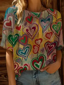 Spring Summer Knit Top, One Shoulder Short Sleeve, Colorblock Graffiti Heart Print, Casual Elegance Commute Wear, Women's Boho Beach Style, Fitted, Love, Lightweight