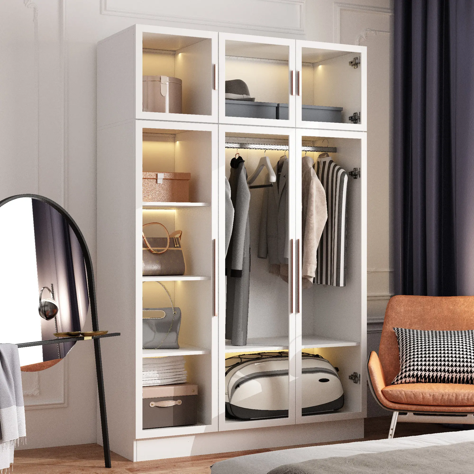 FUFU&GAGA Three Door Armoire LED Light All Glass Door Closet Cabinet Wardrobe