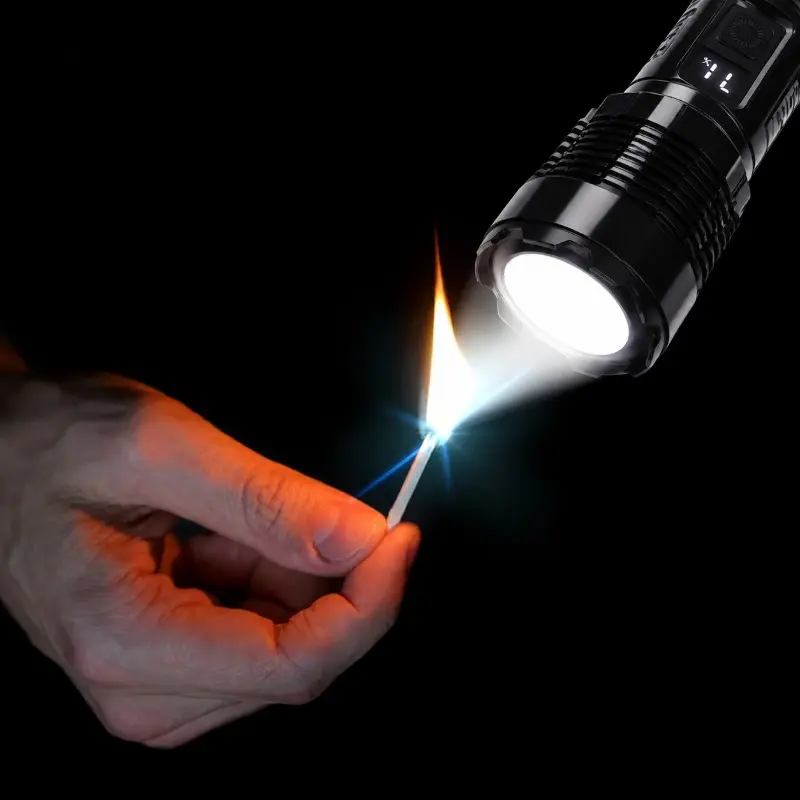 Ultra Bright Tactical Flashlight, Aluminum Alloy Flashlight with Fire Starting Function, High Lumen Fresnel Lens Torch Rechargeable Battery, Long-Lasting, Waterproof, Ideal for Camping, Hiking, Fishing, Emergency Power Outage, Night Ri