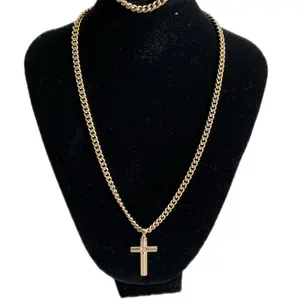 Xuping Gold Laminate Necklace Bracelet & Pendant Set 20 Inch Chain 8 Inch Bracelet 4mm Cuban Link Cross Pendant Daily Wear Jewelry