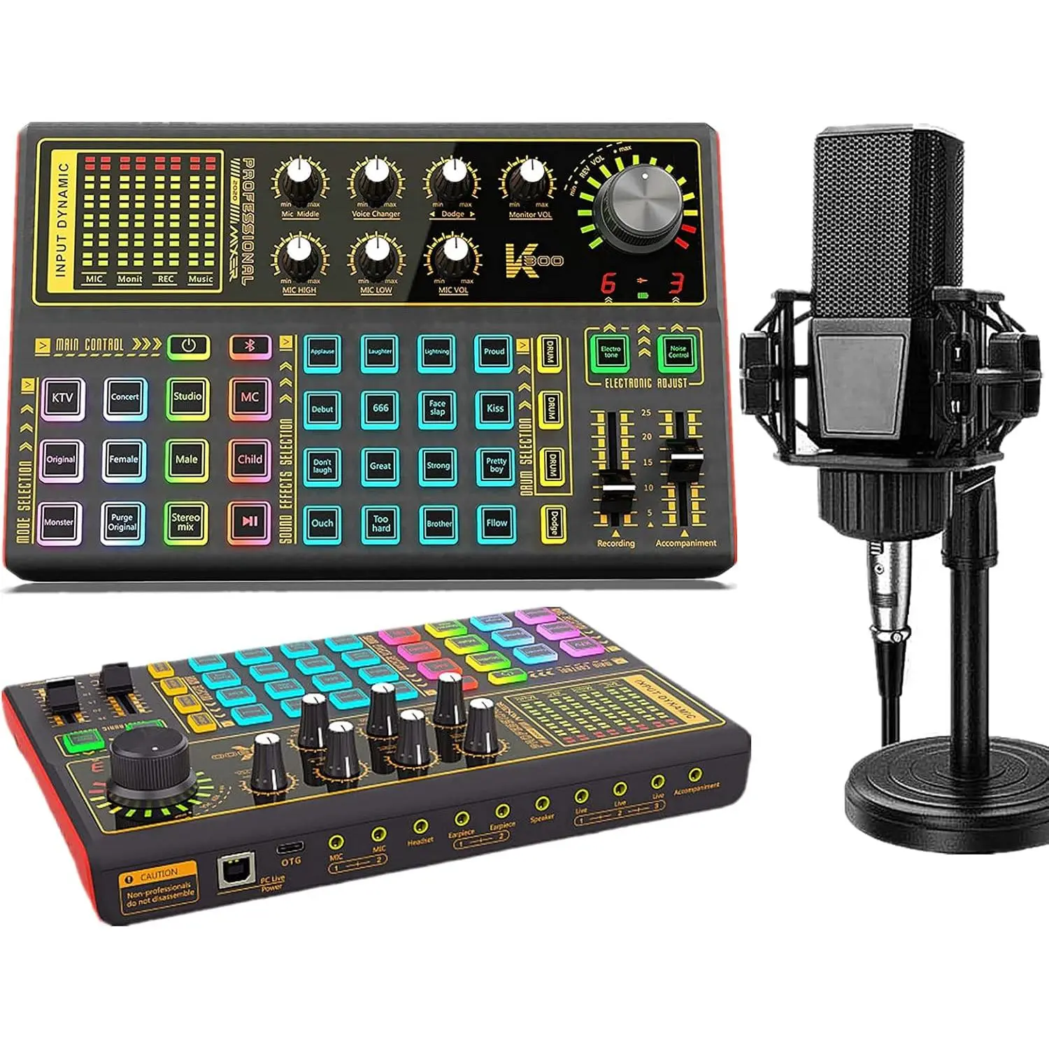 K300 Podcast Equipment Bundle, With Podcast Condenser Microphone, Voice Changer Sound Card with Multiple Sound Effects and LED Light, Prefect for Streaming/Podcasting/Gaming/Recording/YouTube/PC