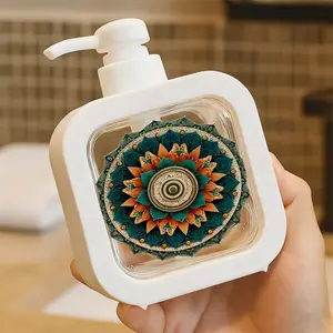Moisturizing Soap Pump Bottle - Symmetrical Mandala Teal Orange White Design, Elegant Floral Spiral Patterned Soap Dispenser, Decorative Kitchen & Bathroom Hand Sanitizer Pump for Sink & Countertop