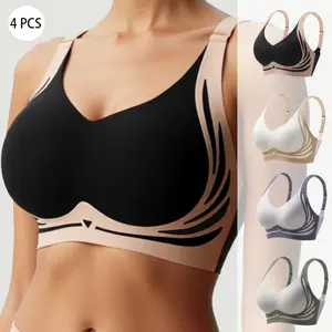 4-Piece Women's Color-Block Wireless Bra Set, Adjustable Backbuckle & Straps,Seamless Comfortable Bra, Soft Breathable Anti-Sagging Lift-Up Lingerie for Daily Wear