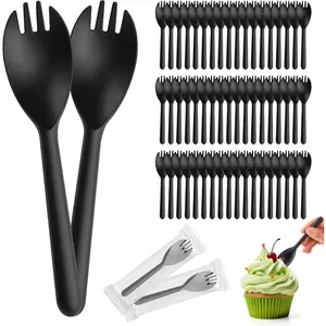 100Pcs Medium Black Disposable Sporks, 5.4 Inch Individually Wrapped Plastic Fork Spoon, Heavy Duty Cutlery for Catering, Takeout, Events, School Lunches & Office Snacks