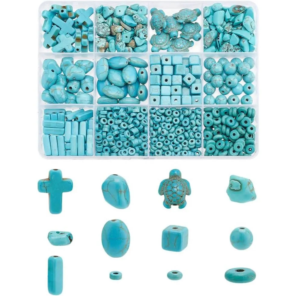 904 count 15 Styles Turquoise Beads, Sea Turtle Disc Cross Stones for Crafts Rocks Beads for Bracelet Necklace  Making, Small